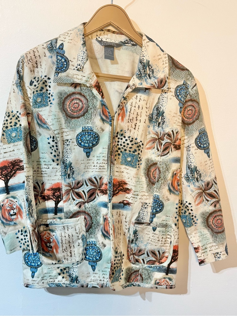 VTG City Blues By Koret Women Jacket Blazer Cream Leopard Lion Safari Womens L